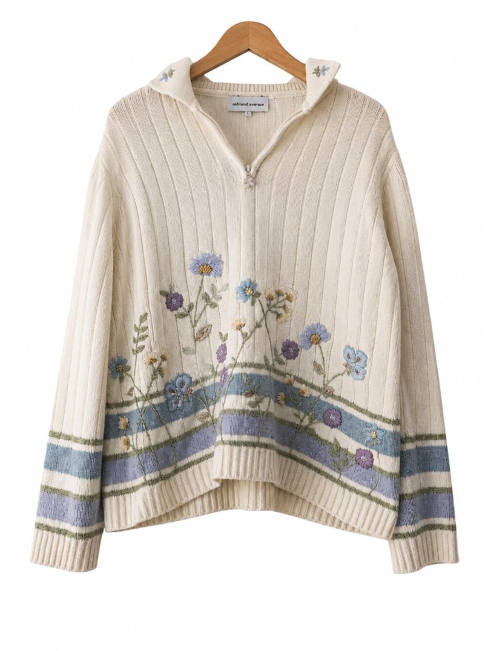 Alfred Dunner Cream Floral Embroidered Zip Cardigan Sweater M